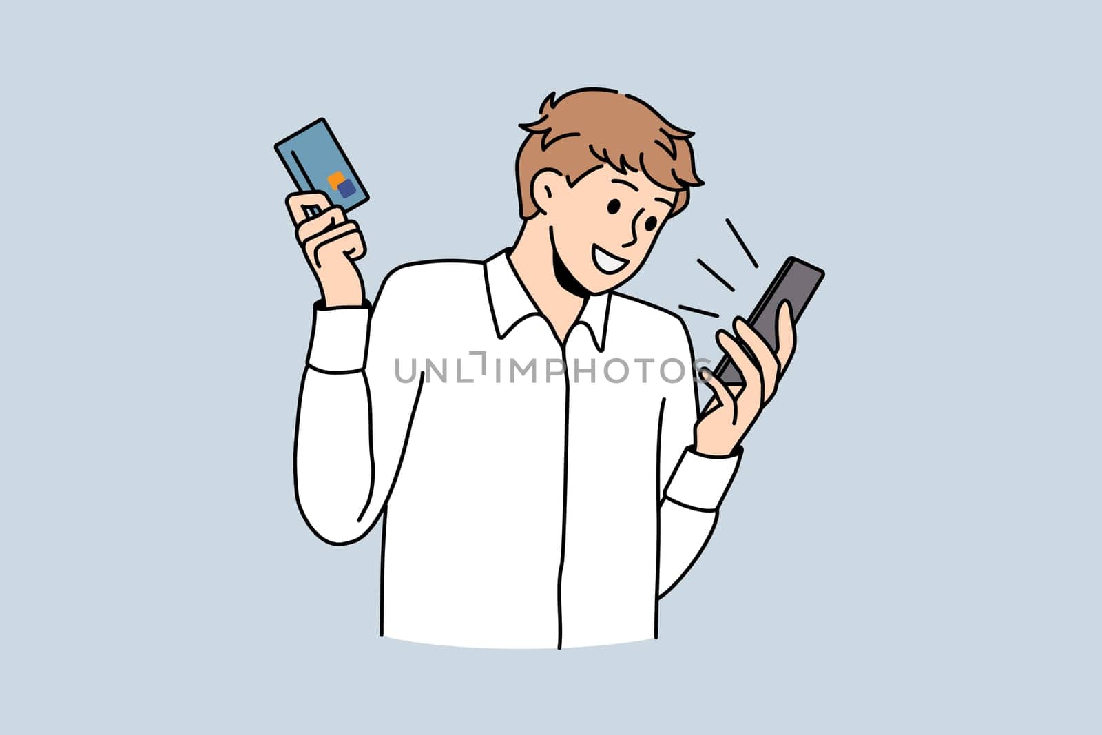 Excited young man shopping online on smartphone with credit or debit card. Smiling guy make purchase pay bills on internet on cellphone using web banking app. Flat vector illustration.