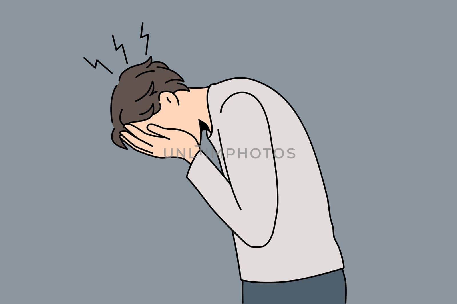 Unhappy guy cover face cry feel broken depressed suffer from mental psychological problems. Upset man stressed with life troubles. Depression and nervous disorder. Panic attack. Vector illustration.