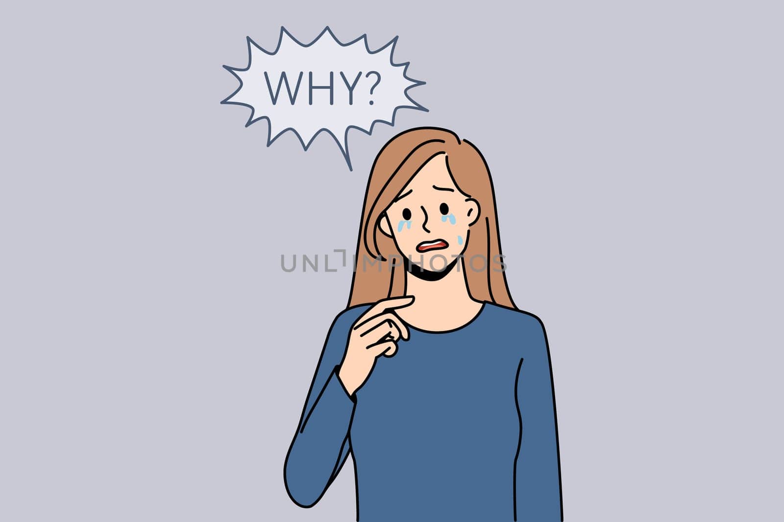 Unhappy young woman feel stressed crying of life injustice or discrimination. Upset girl distressed suffer from mental or psychological problems. Depression, healthcare concept. Vector illustration.