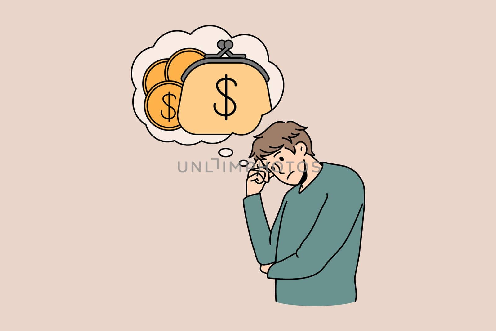 Unhappy young man with speech bubble above think of money struggle with financial problems. Stressed guy consider expenses expenditures. Bankruptcy and debt. Finance. Vector illustration.