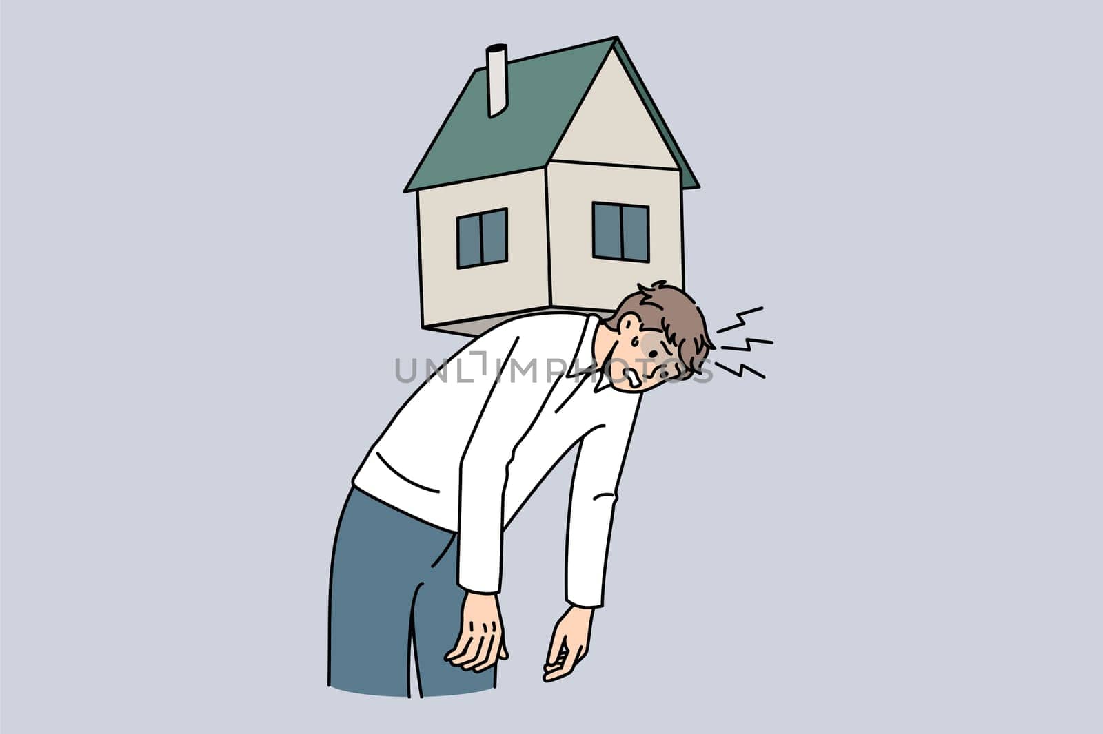 Exhausted young man carry house on back suffer from bank mortgage or lease burden. Tired male struggle with financial payment, home expenses, bills and taxes. Flat vector illustration.