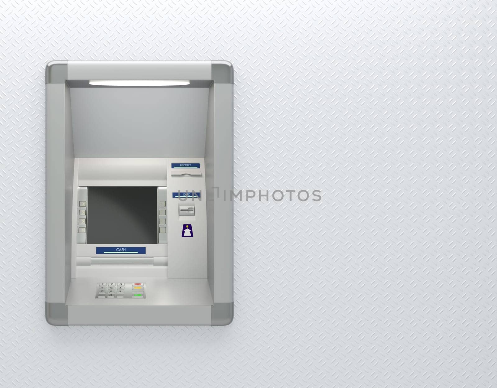 Atm machine with a card reader. Pin code safety, bank account access automatic banking, electronic cash withdrawal, concept. Display screen, buttons, cash dispenser, receipt printer. 3D illustration