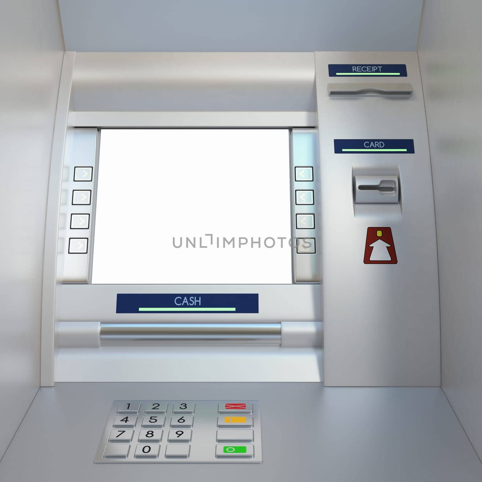 Atm machine with display screen, buttons, card reader, cash dispenser and receipt printer. Pin code safety, automatic banking, electronic cash withdrawal, bank account access concept.