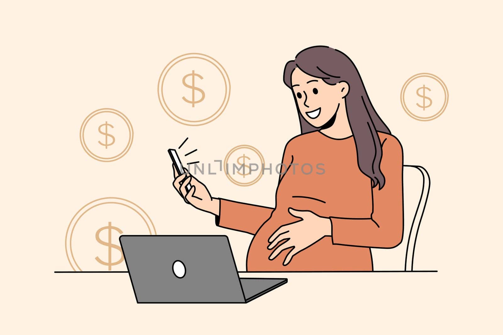Pregnant businesswoman work online on laptop multitask with smartphone on maternity leave. Female employee future mom trade on internet earning money on web. Vector illustration.