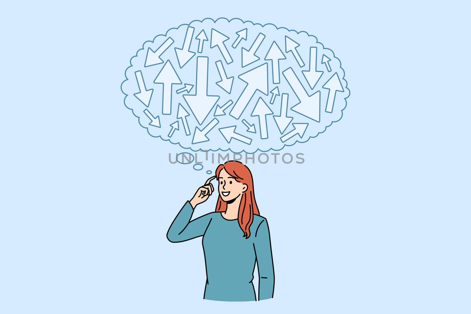 Young woman with speech bubble above head feel confused think of problem solution. Pensive female frustrated with planning or decision making, brainstorm solve problem. Vector illustration.