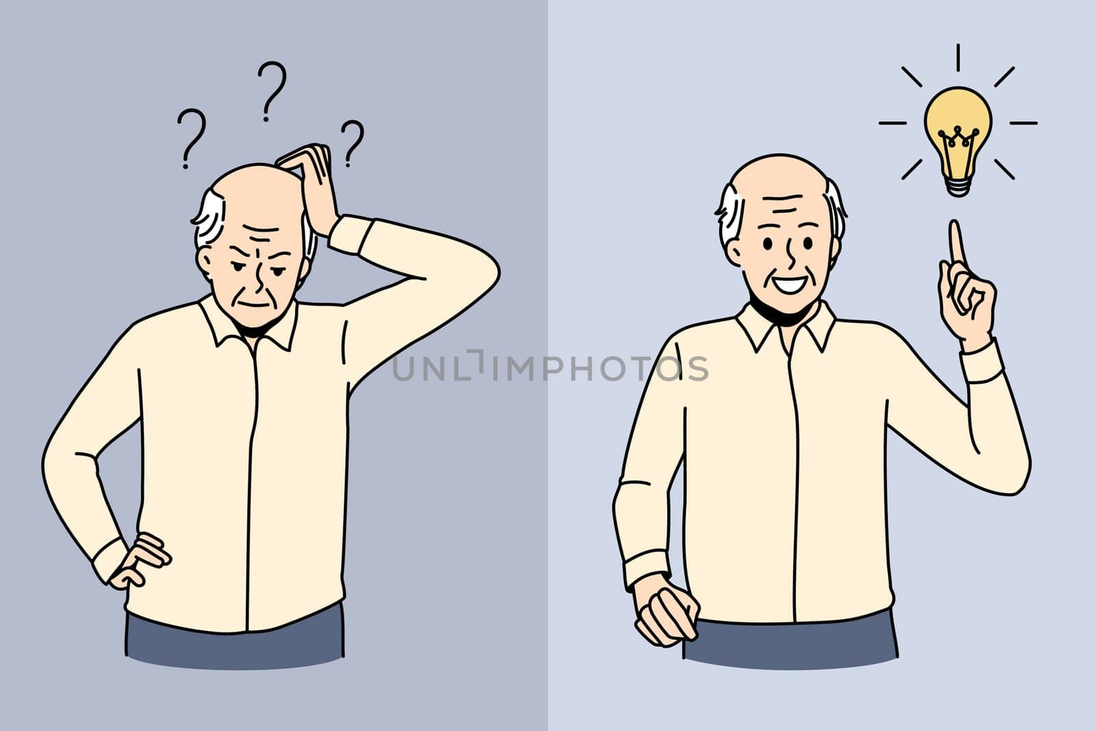 Elderly man having mood swings suffer from Alzheimer disease. Old grey-haired grandfather struggle with mental illness, memory loss in maturity. Elder healthcare concept. Vector illustration.