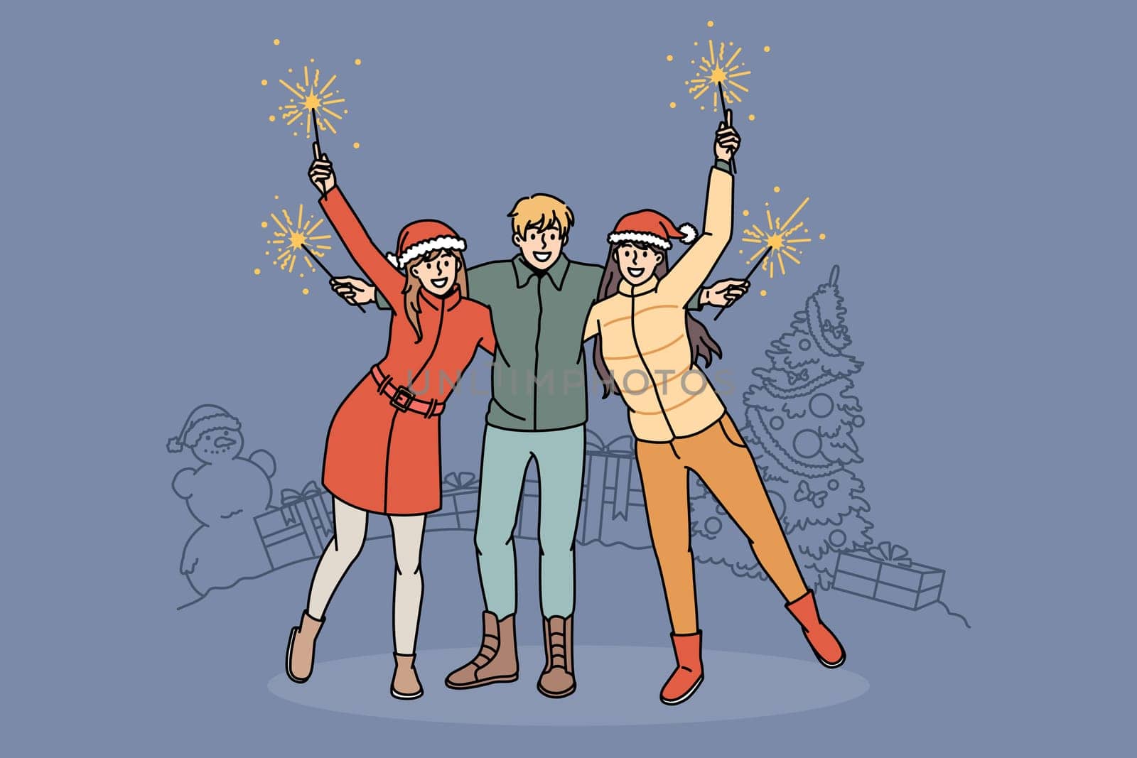 Overjoyed diverse friends relax outdoors with lights celebrate New Year together. Smiling young people have fun enjoy Christmas winter holidays. Celebration, vacation. Vector illustration.