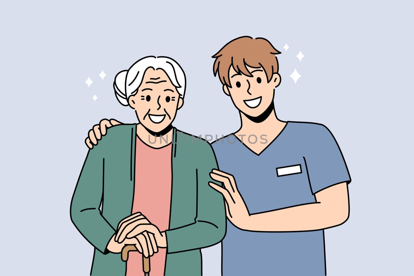 Smiling male caregiver with happy elderly woman patient in nursing home. Caring nurse or doctor with positive old grandmother in retirement house. Good maturity. Flat vector illustration.