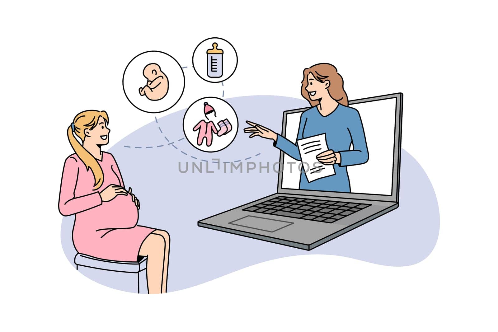 Female doctor consult pregnant woman online on computer. Happy mom to be have webcam consultation with gynecologist, talk speak on video call virtual event on lockdown. Flat vector illustration.