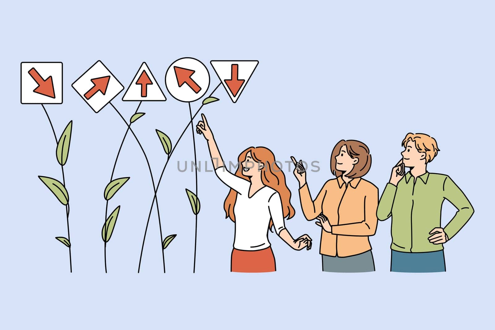 Businesspeople look at different directions search for solution together. Diverse employees or workers engaged in teamwork think of project or strategy launch. Cooperation. Vector illustration.