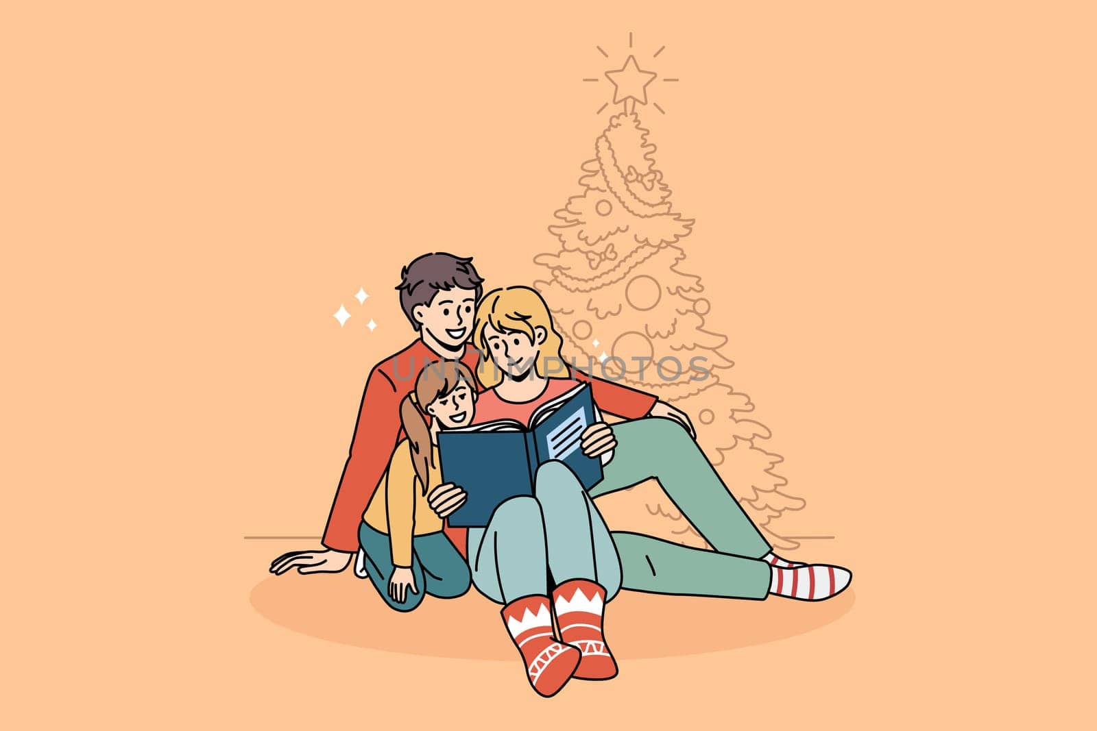 Happy young Caucasian family with kid sit near fir-tree enjoy Christmas holidays reading book together. Smiling parents with child celebrate New Year at home with fairytale. Vector illustration.