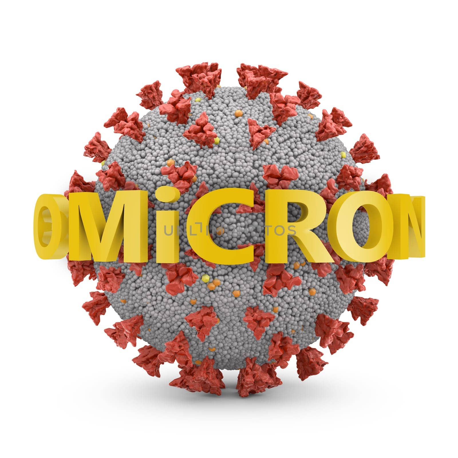 Coronavirus with a volumetric inscription OMICRON on a white background. 3D rendering.