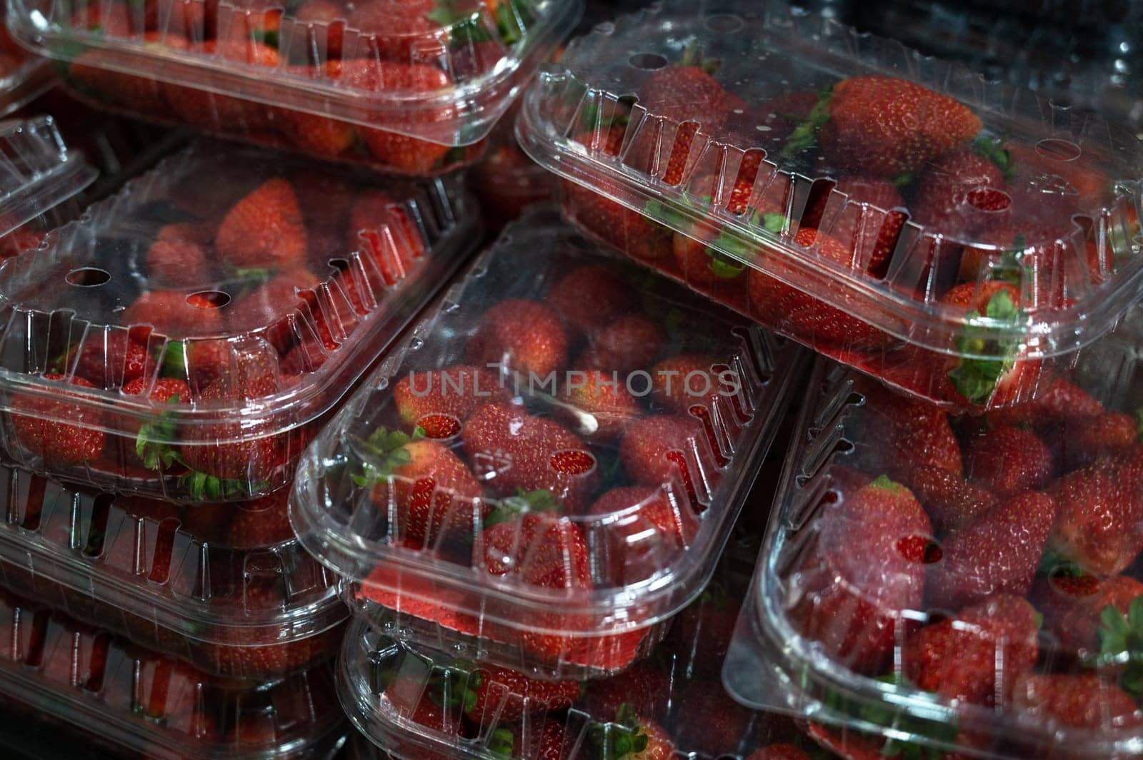 Assortment of fresh strawberry at market