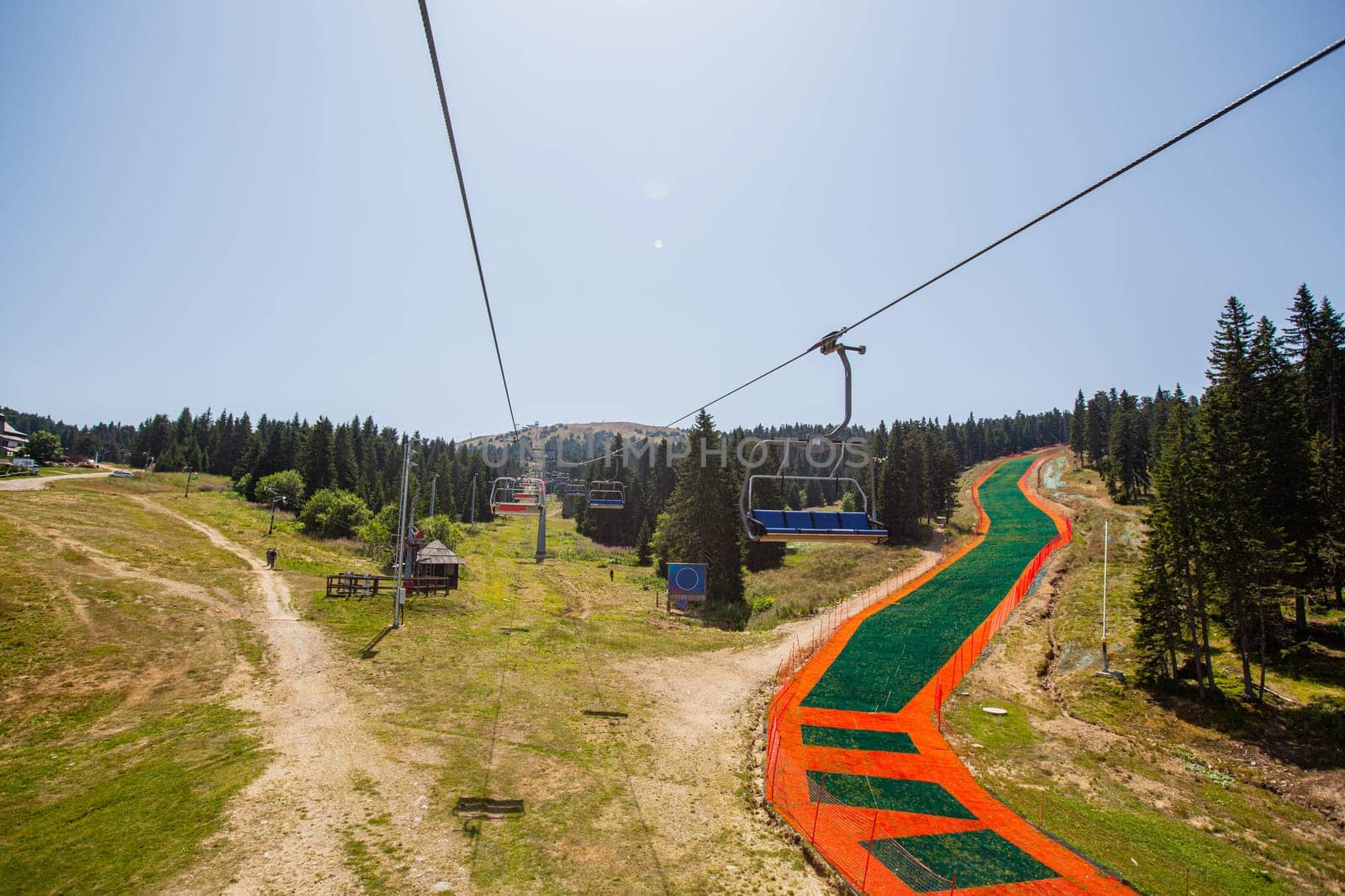 Chair lift , summer panoramic sightseeing, beautiful view of mountain Kopaonik, Serbia.