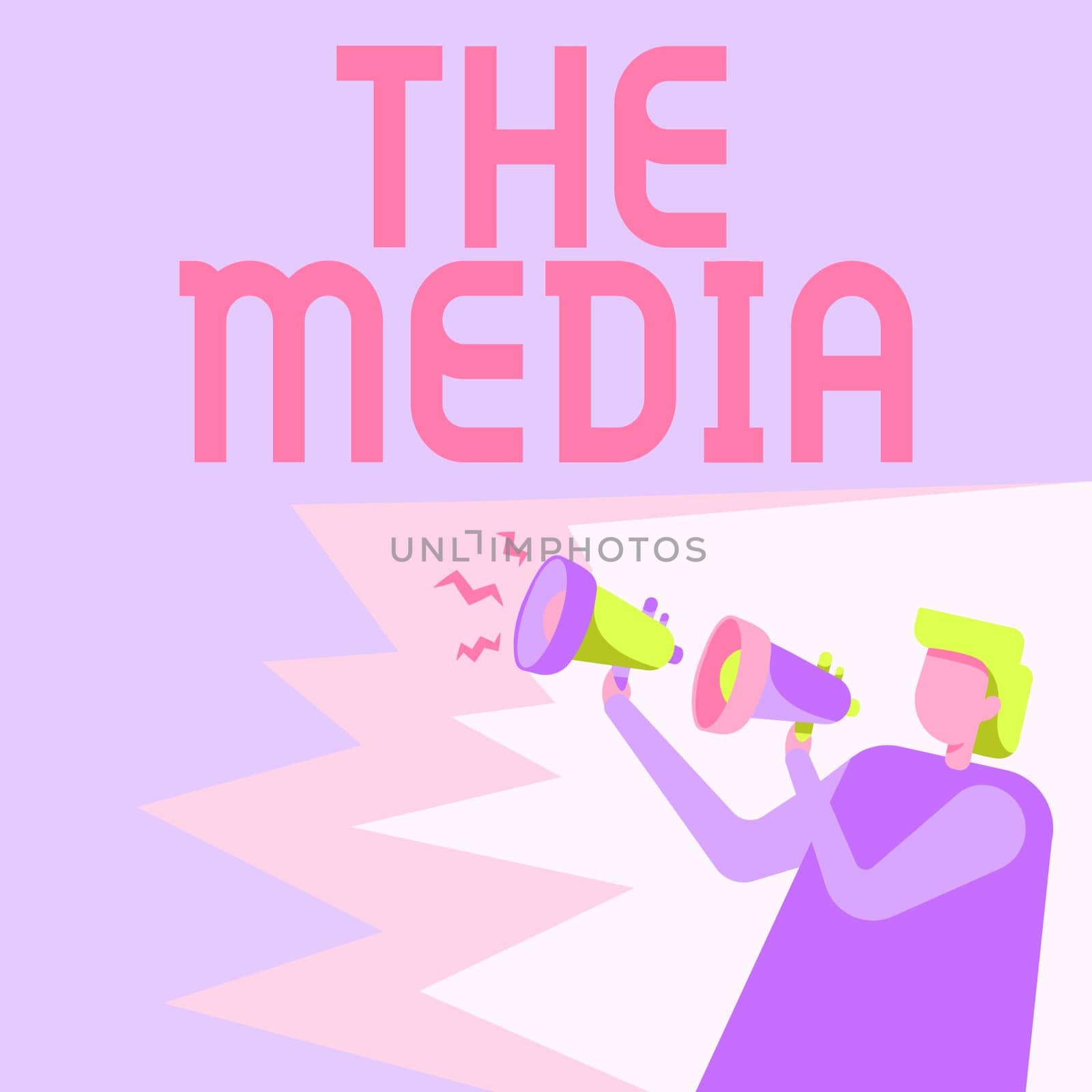 Conceptual caption The Media, Internet Concept main means of mass communication that are regarded collectively Businessman Drawing Holding A Pair Of Megaphones Making New Announcement.