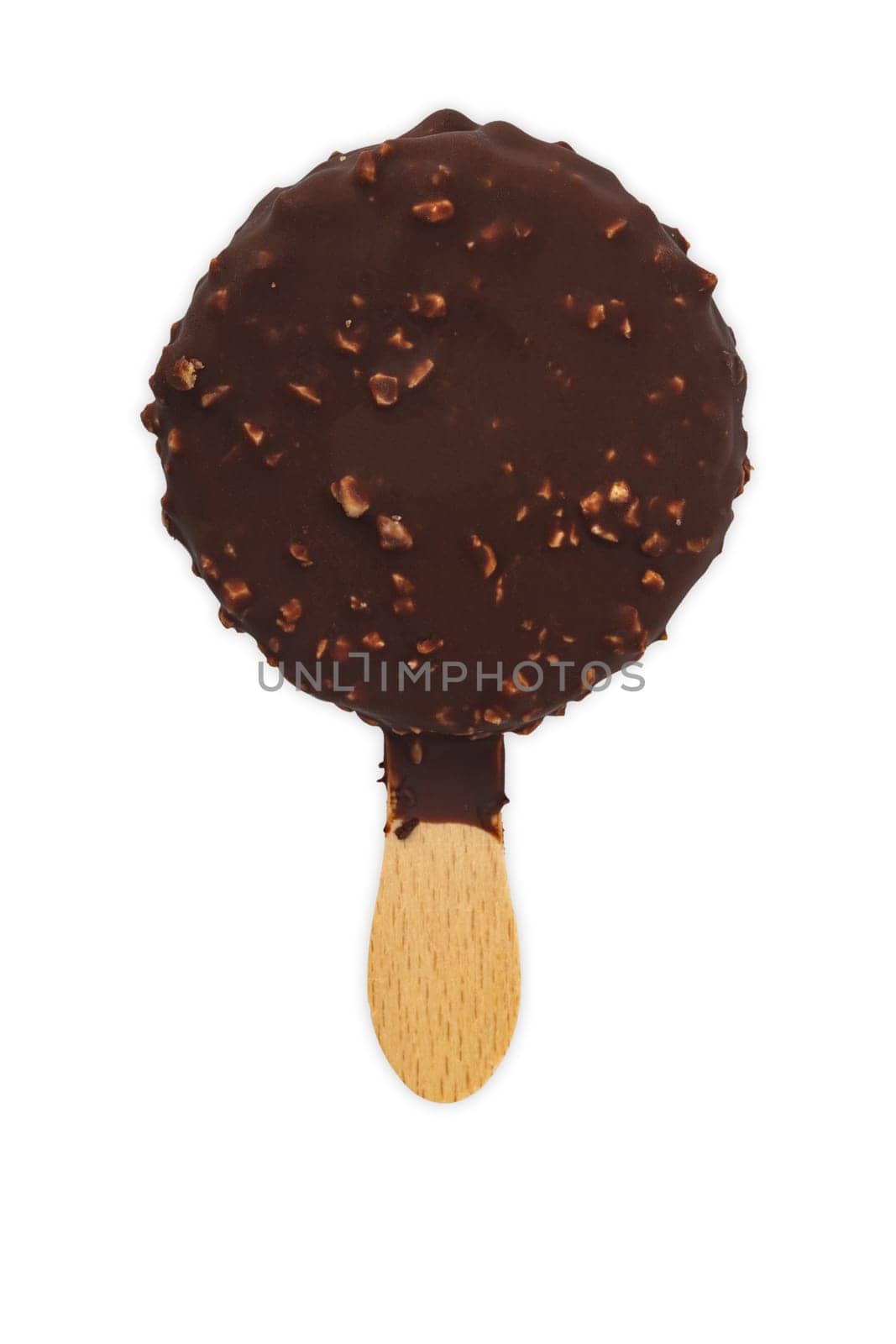 Chocolate ice cream with nuts on a stick isolated over white background