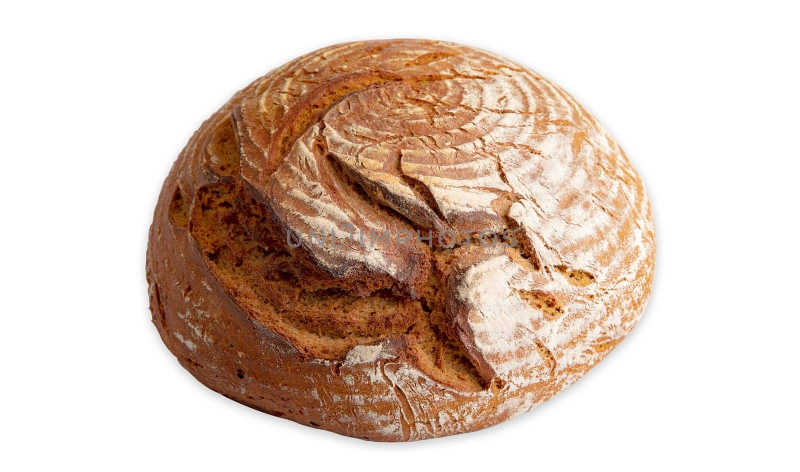 Loaf of fresh round rye Bread isolated on white background.
