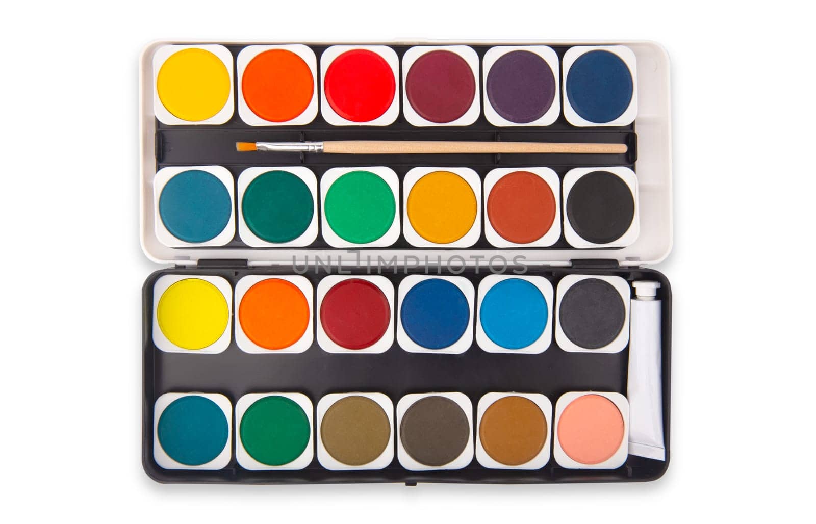 New Paintbox with set of watercolors isolated over white background.