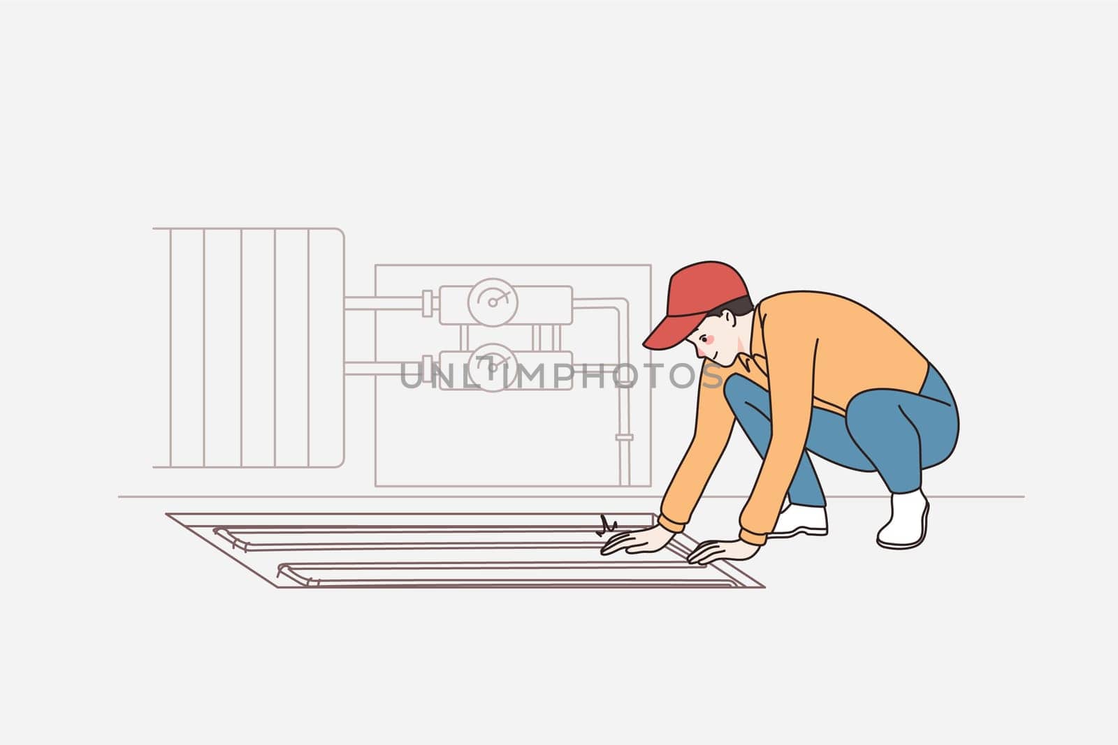 Repairing and construction works concept. Positive young worker in cap sitting and making flooring for apartment vector illustration