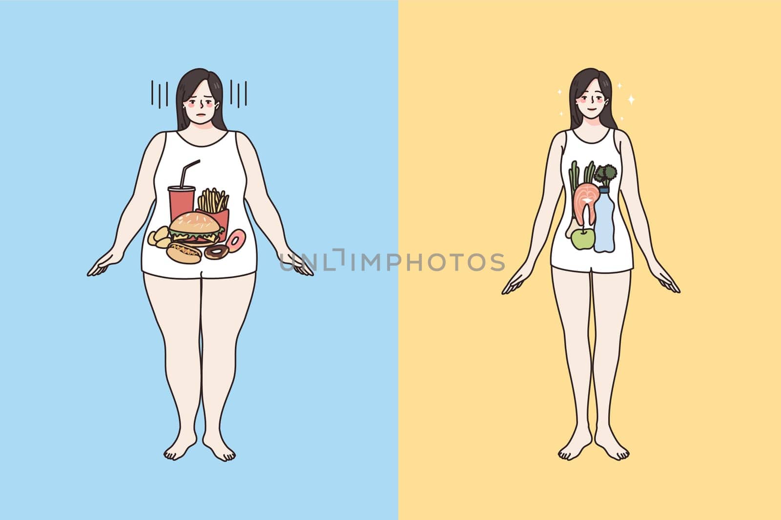 Healthy and unhealthy food and body concept. Young sad fat over weight woman with fast food inside and slim fit healthy smiling female with fresh organic diet in stomach vector illustration