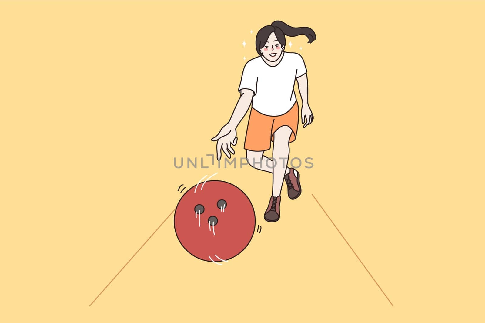 Leisure games and bowling concept. Smiling girl playing bowling feeling excited and cheerful enjoying hobby activity vector illustration