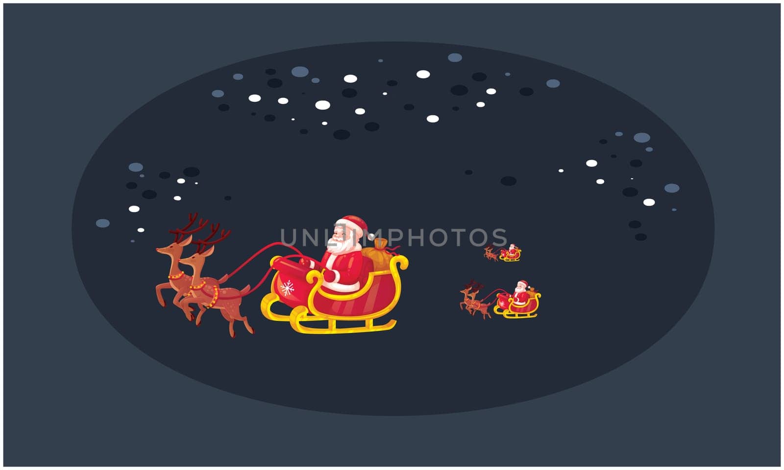 Santa Claus family travelling in abstract sky background