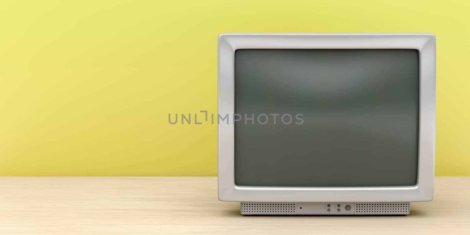 Front view of gray CRT TV on wooden stand