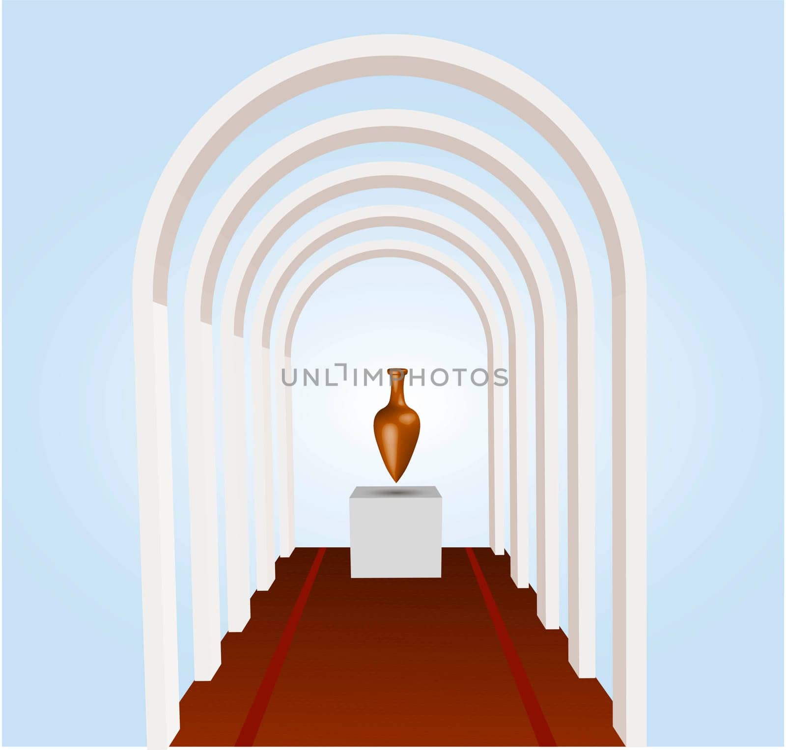 Greek vase in the museum. Greek history. Antique amphora. Museum hall. Vector illustration.