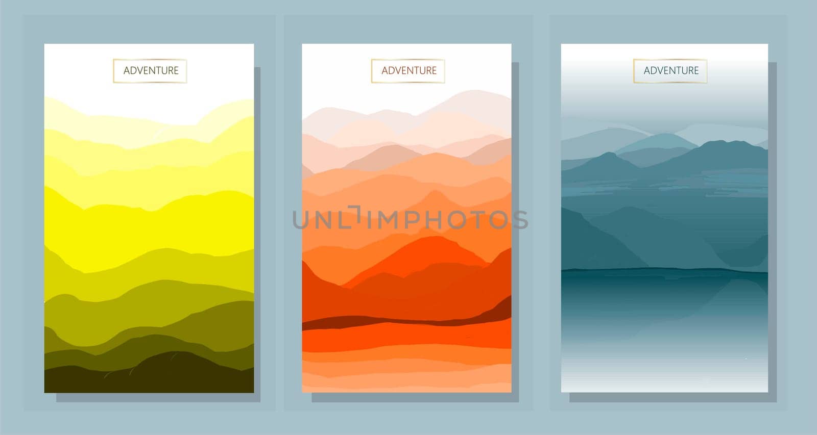 Vector abstract background set. Minimalistic style. Flat concept. Collection of 3 landscapes. Clouds by the water, autumn in the mountains, the northern coast at night. Cover template. User interface design.