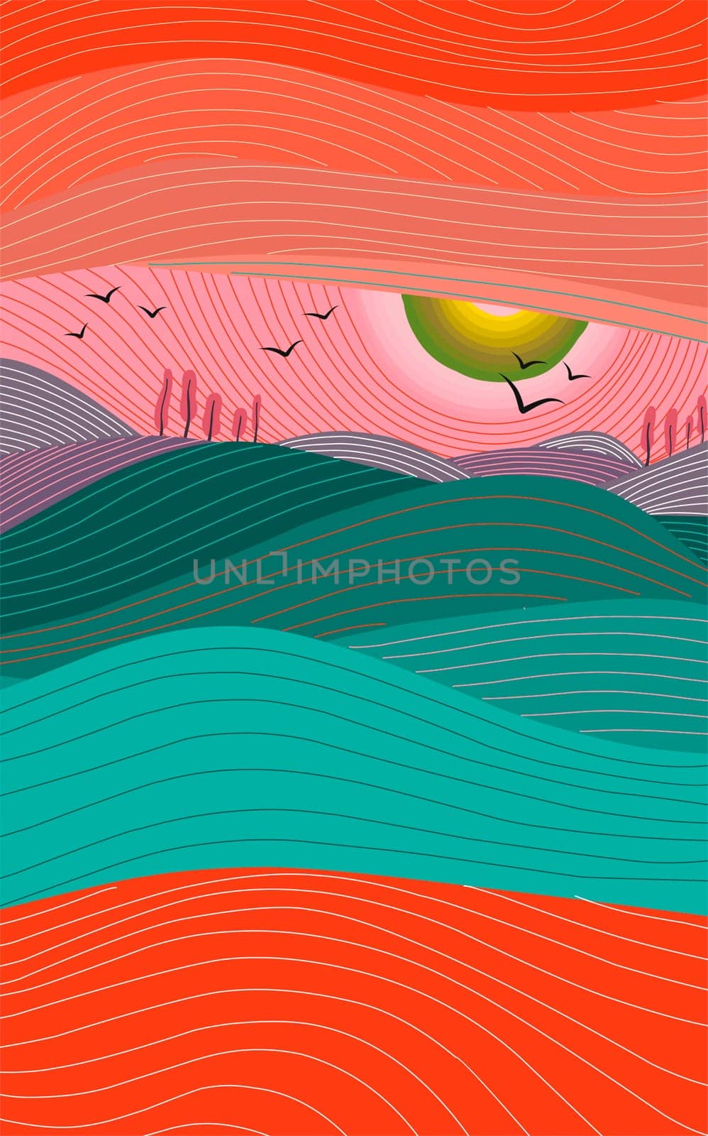 landscape vector abstract background. Minimalistic style. Flat concept. Mountain landscape. Sunset in the mountains. Cover template. User interface design.