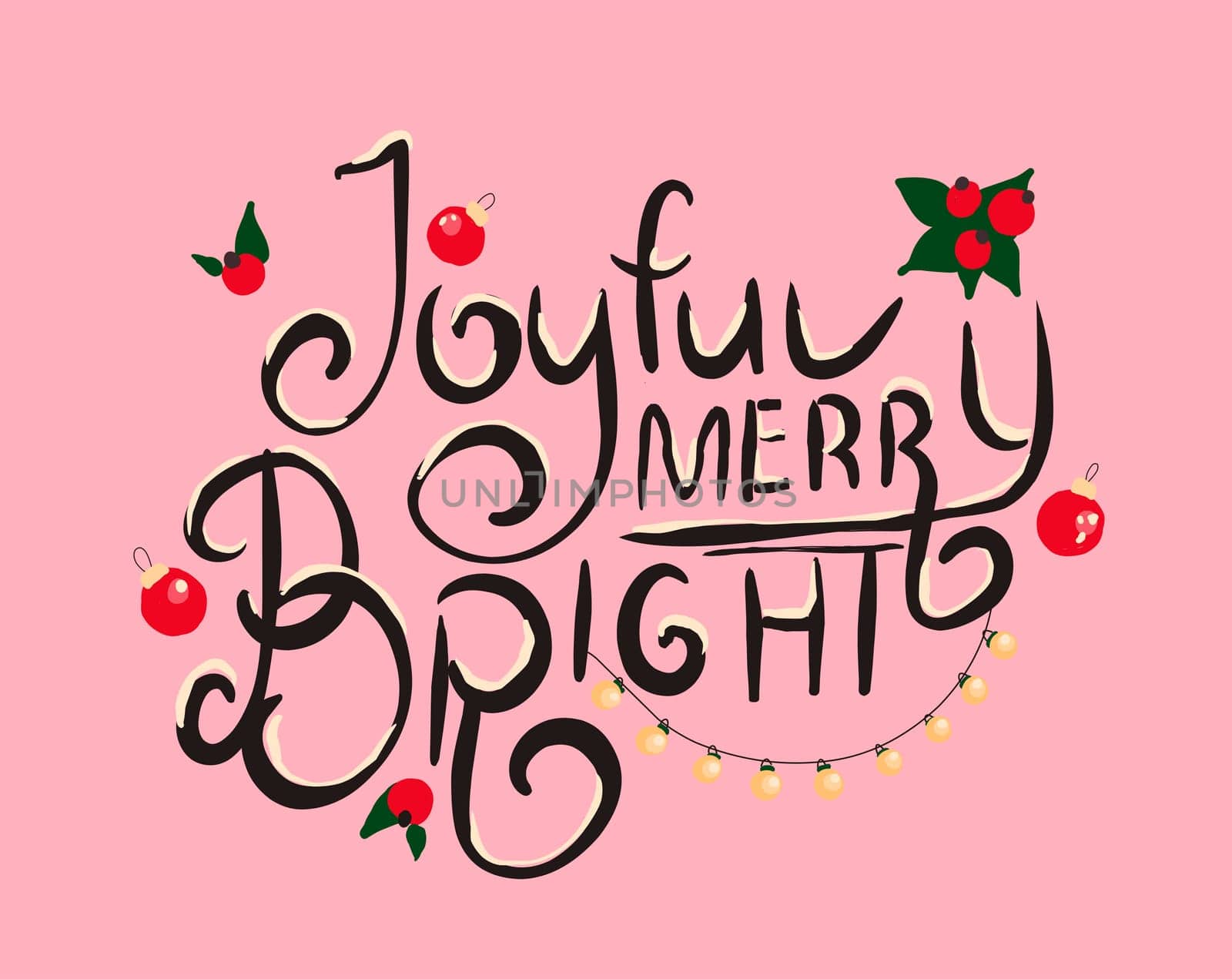 Joyful, cheerful, bright. Festive inscription Christmas lettering Vector illustration