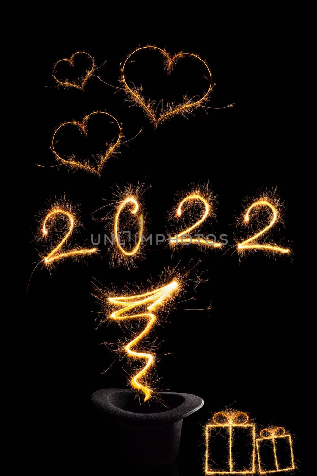 Magical new year. Magical fireworks forming number 2022. Happy new year background.