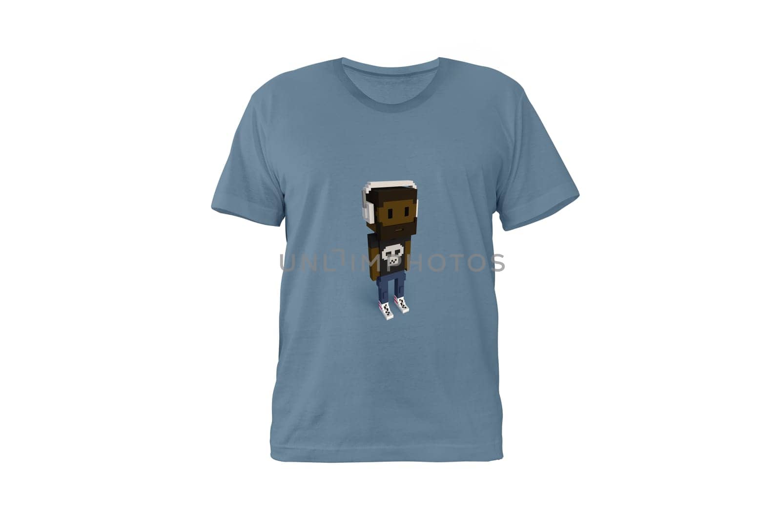 BRATISLAVA, SLOVAKIA - September 29, 2021: NFT Meebit #14307 by Larva Labs. PFP, Metaverse voxel avatar on blue t shirt. Decentralised brand IRL.....