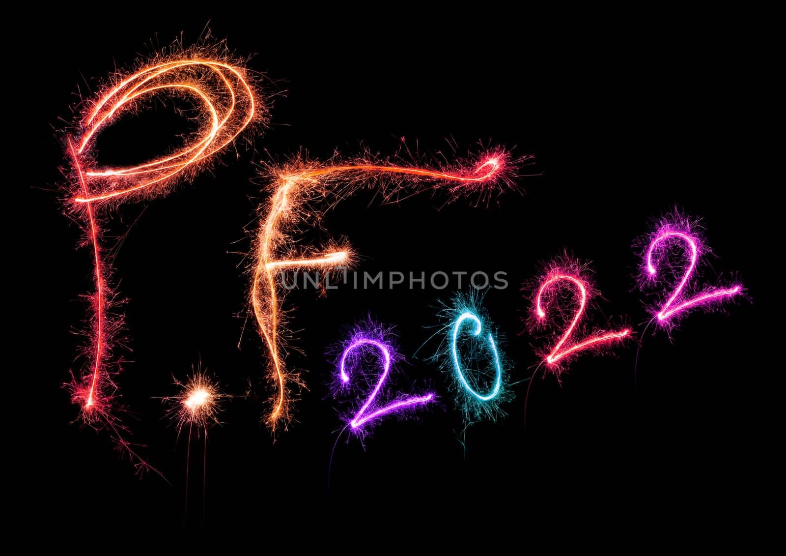 New year greeting card. P.f. pour feliciter 2022 made from sparkling colorful lights isolated on black background. Happy new year.