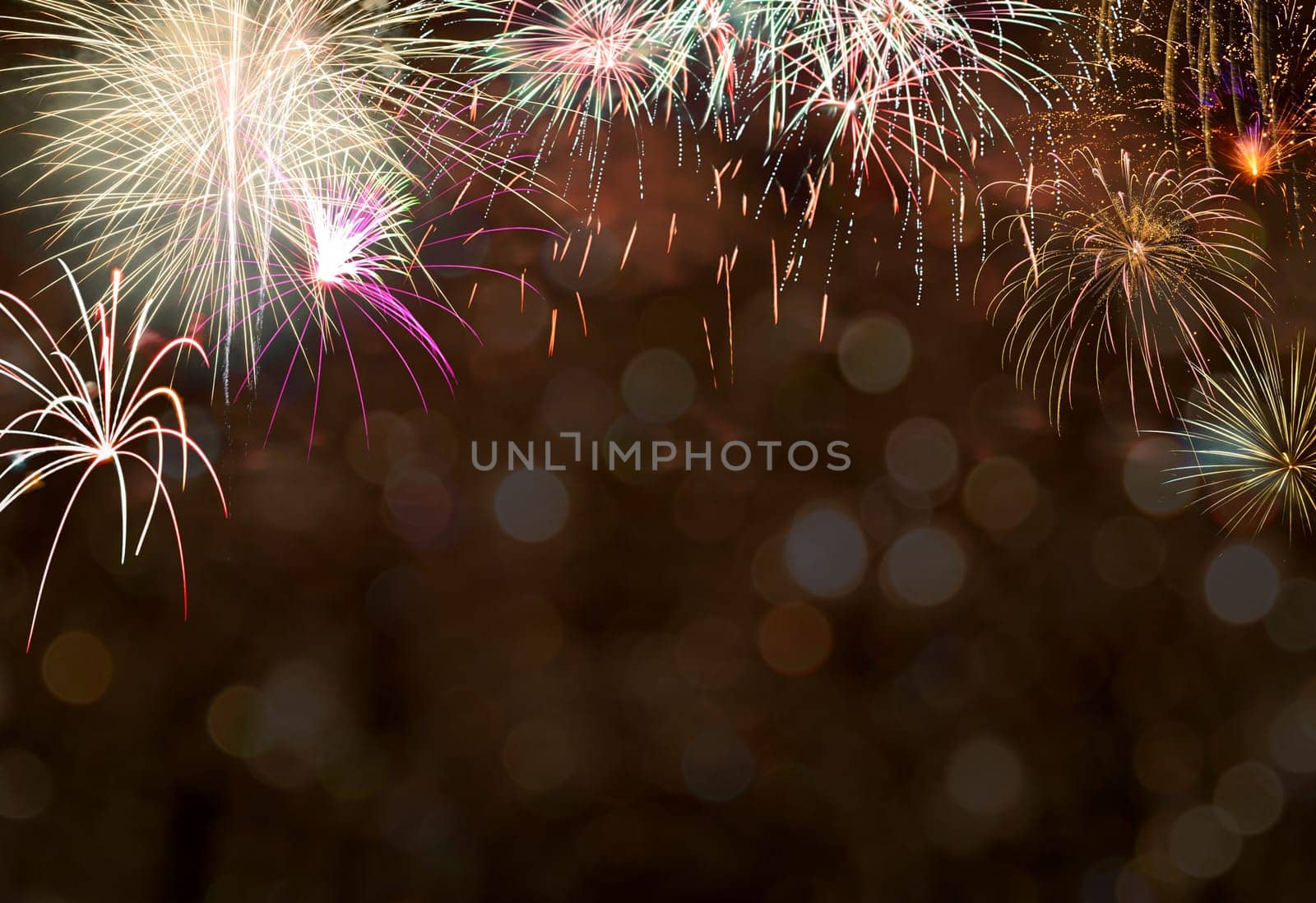 Night party banner with fireworks and bokeh lights background. New year celebration and anniversary concept