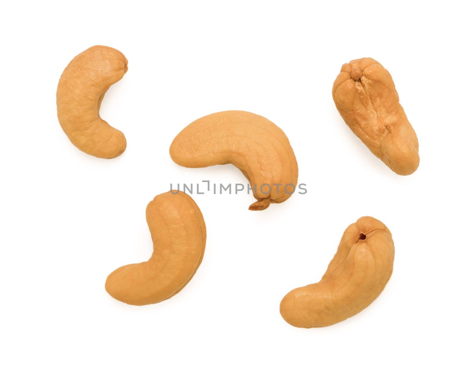 Roasted cashew nuts isolated on white background, flat lay collection. Healthy organic super food concept