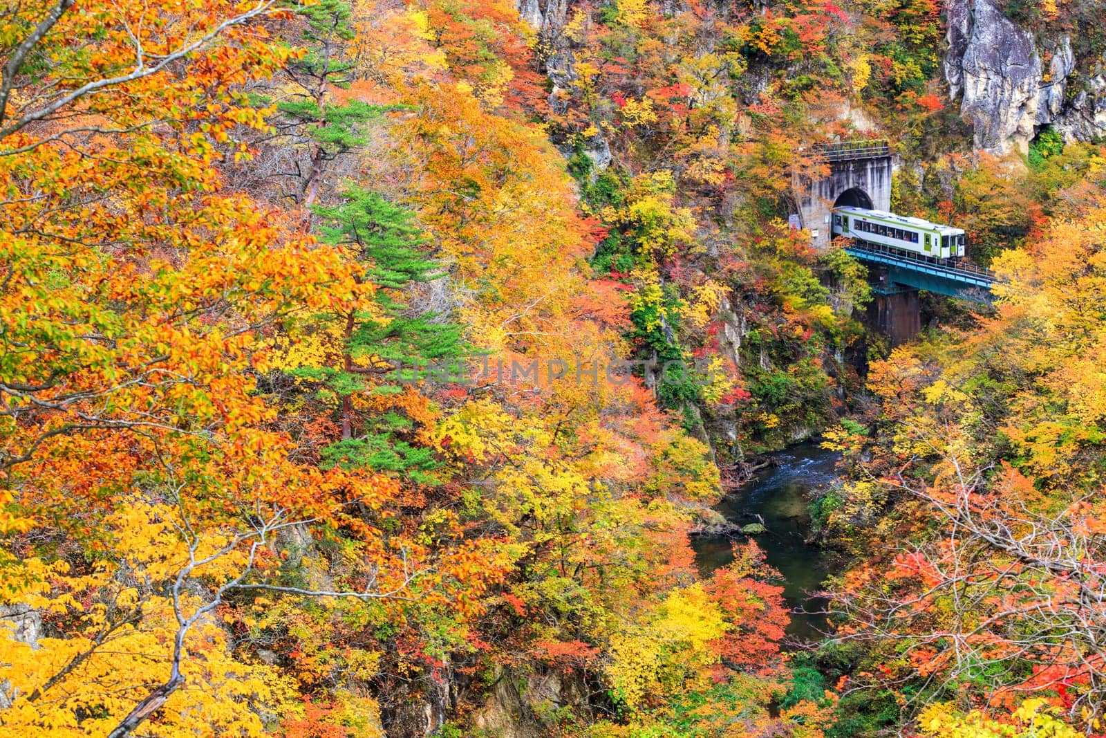 The Naruko Gorge valley with rail tunnel in Miyagi Tohoku Japan