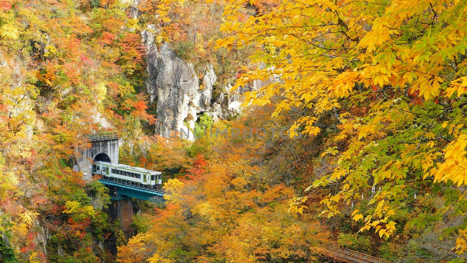 The Naruko Gorge valley with rail tunnel in Miyagi Tohoku Japan