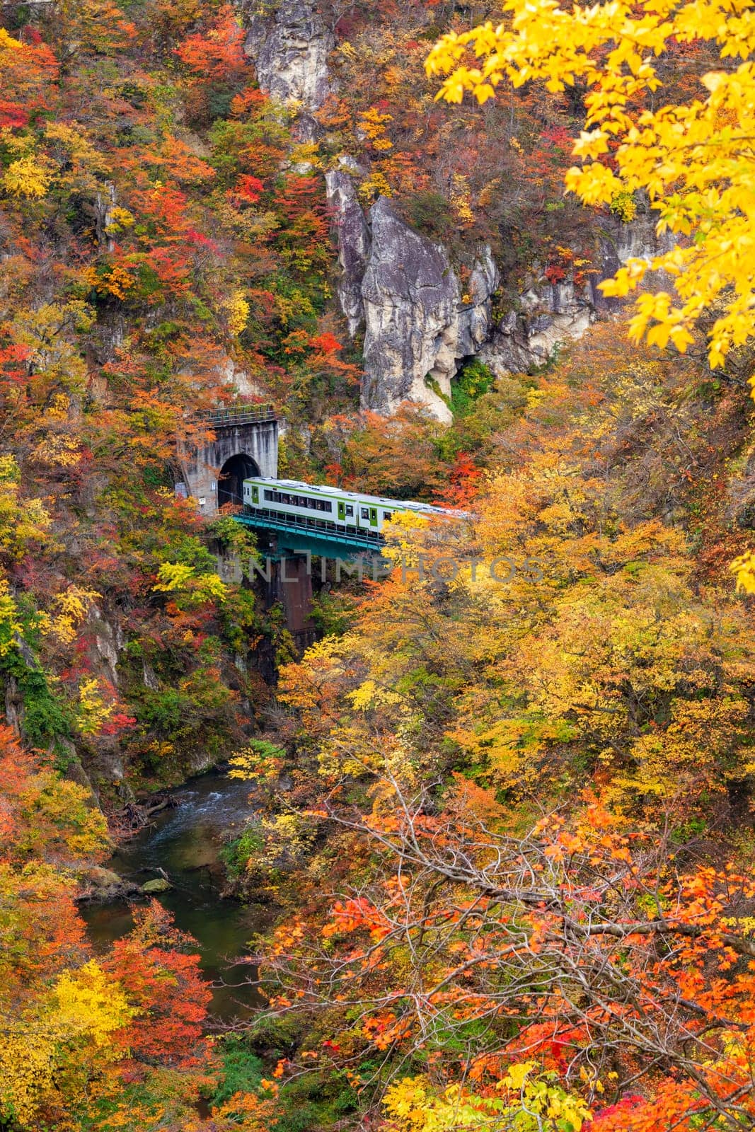 The Naruko Gorge valley with rail tunnel in Miyagi Tohoku Japan