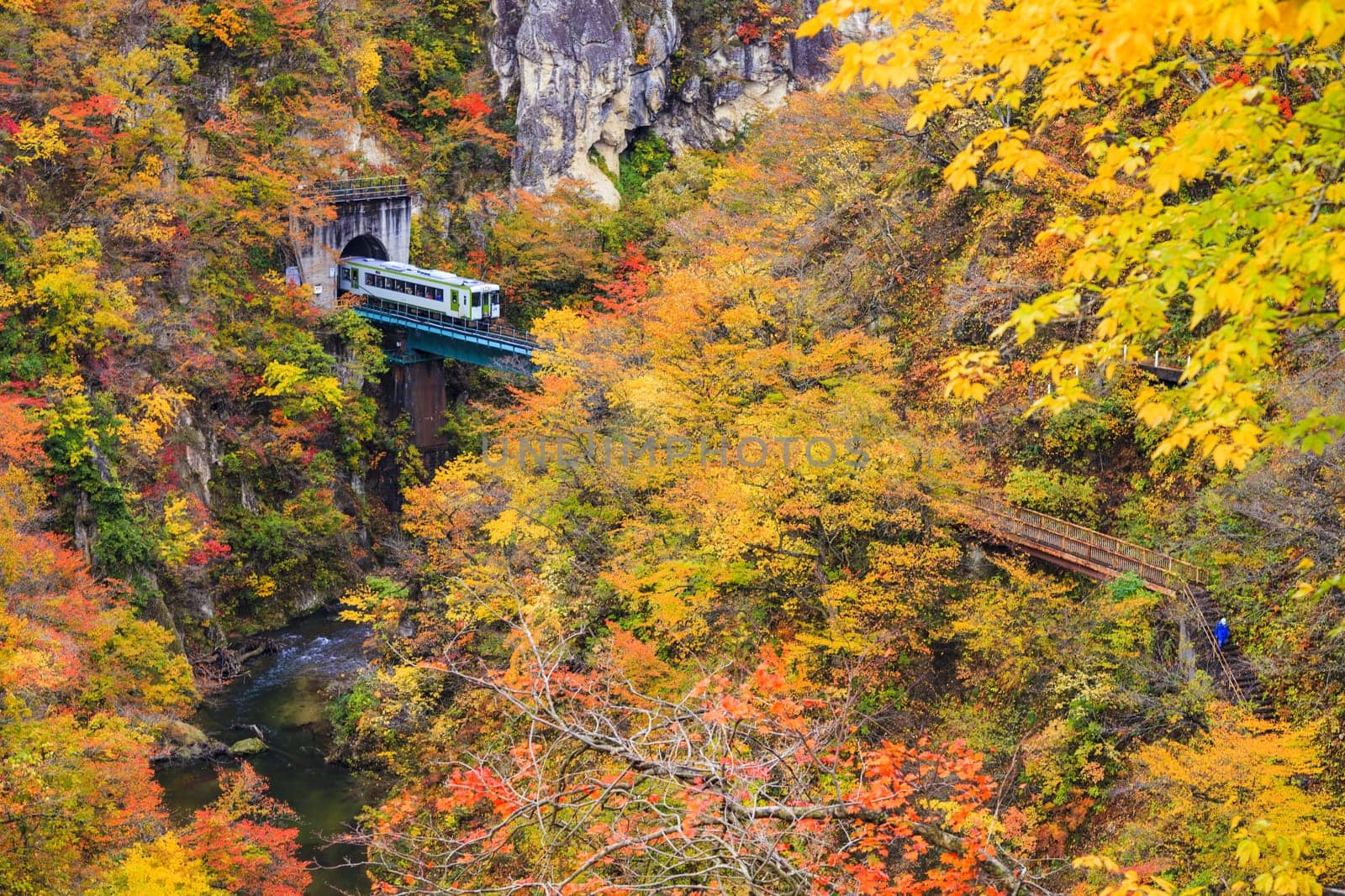 The Naruko Gorge valley with rail tunnel in Miyagi Tohoku Japan