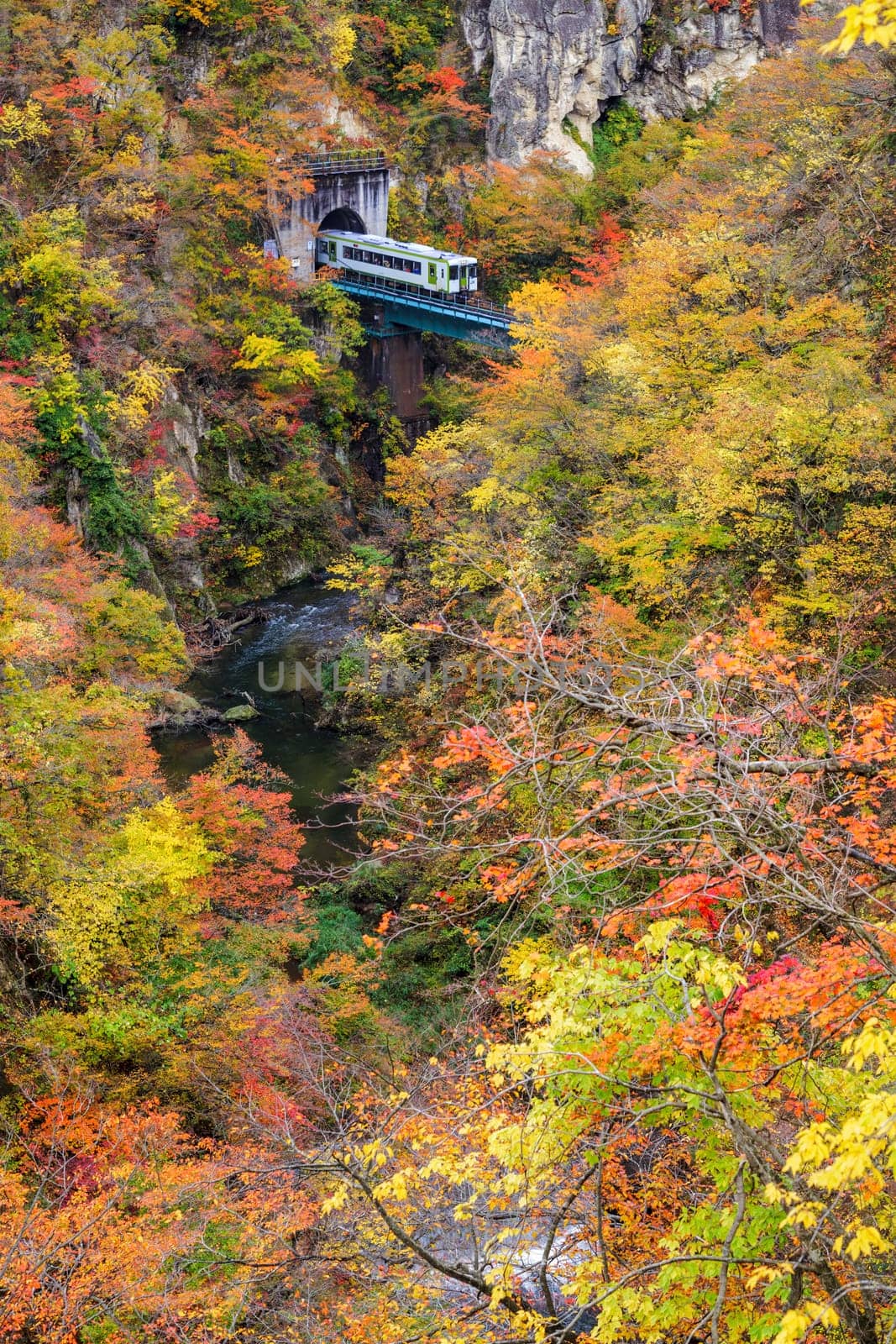 The Naruko Gorge valley with rail tunnel in Miyagi Tohoku Japan