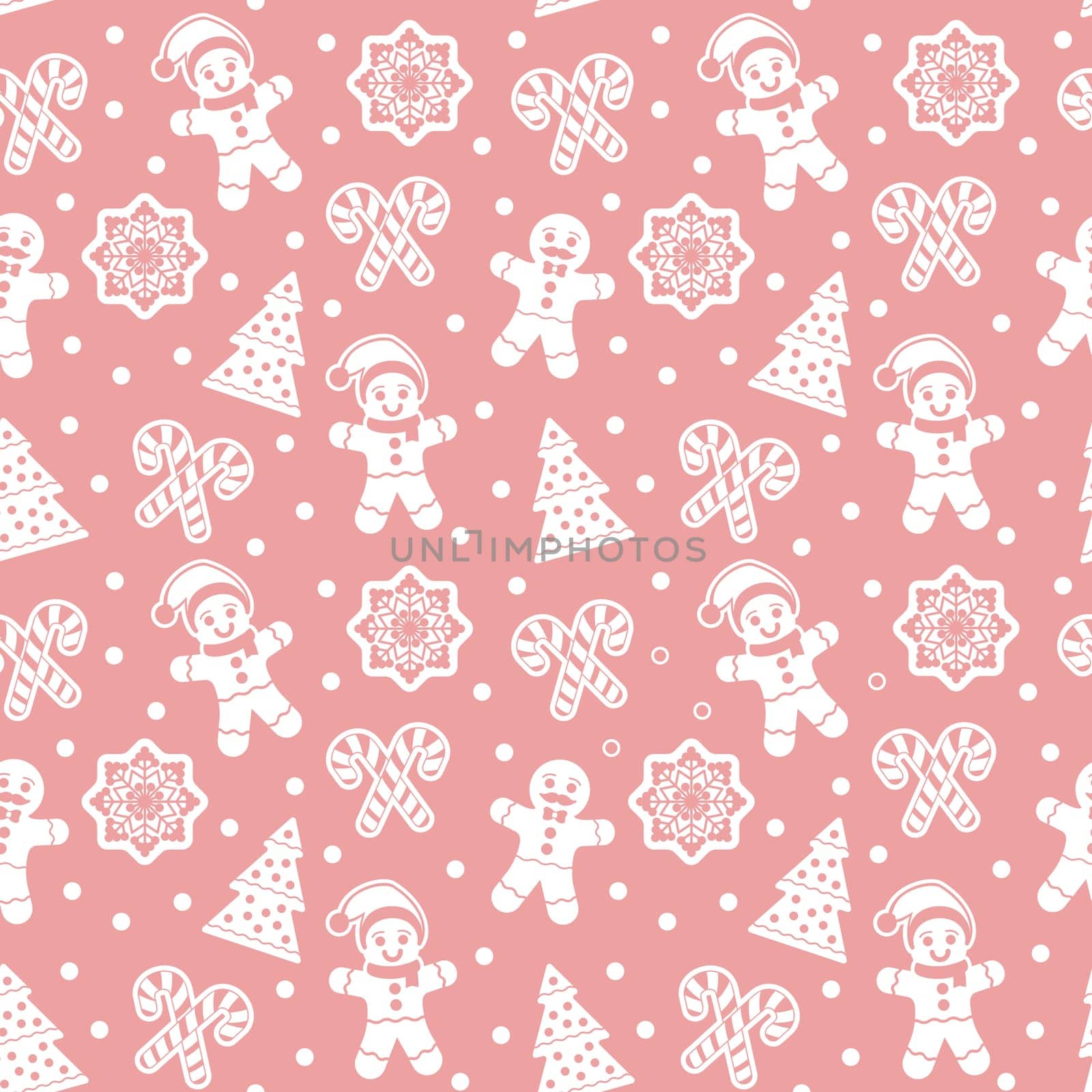 Christmas seamless pattern with gingerbread man cookies. Snow flake, Christmas Tree, candy cane. Graphic design element for packaging paper, prints, scrapbooking. Vector illustration