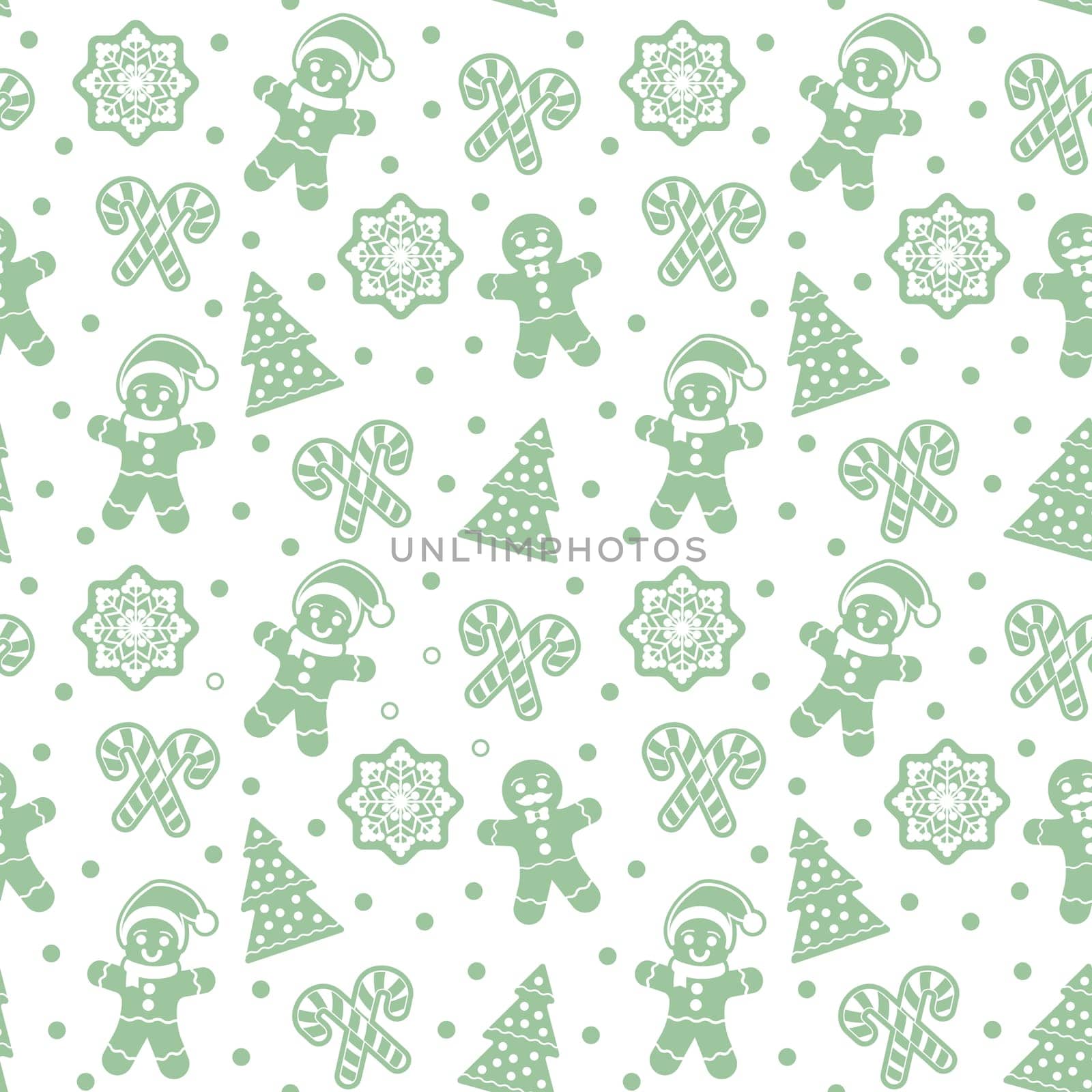 Christmas seamless pattern with gingerbread man cookies. Snow flake, Christmas Tree, candy cane. Graphic design element for packaging paper, prints, scrapbooking. Vector illustration