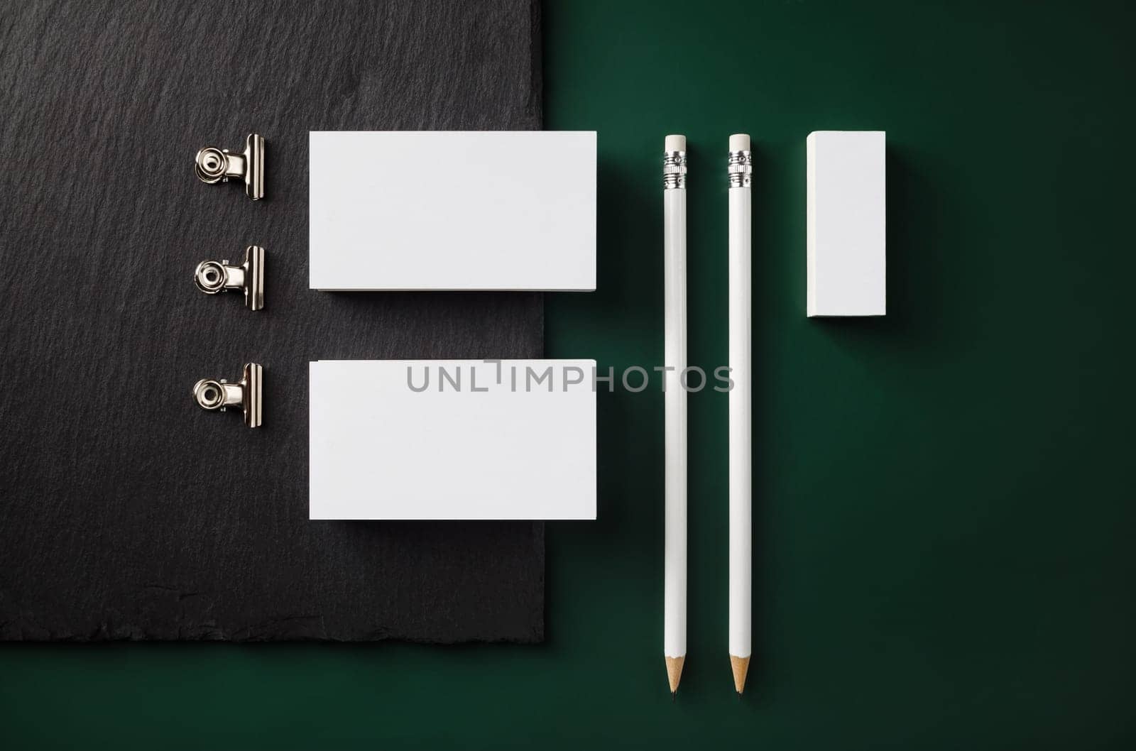 Photo of blank stationery set. Corporate identity template. Flat lay.