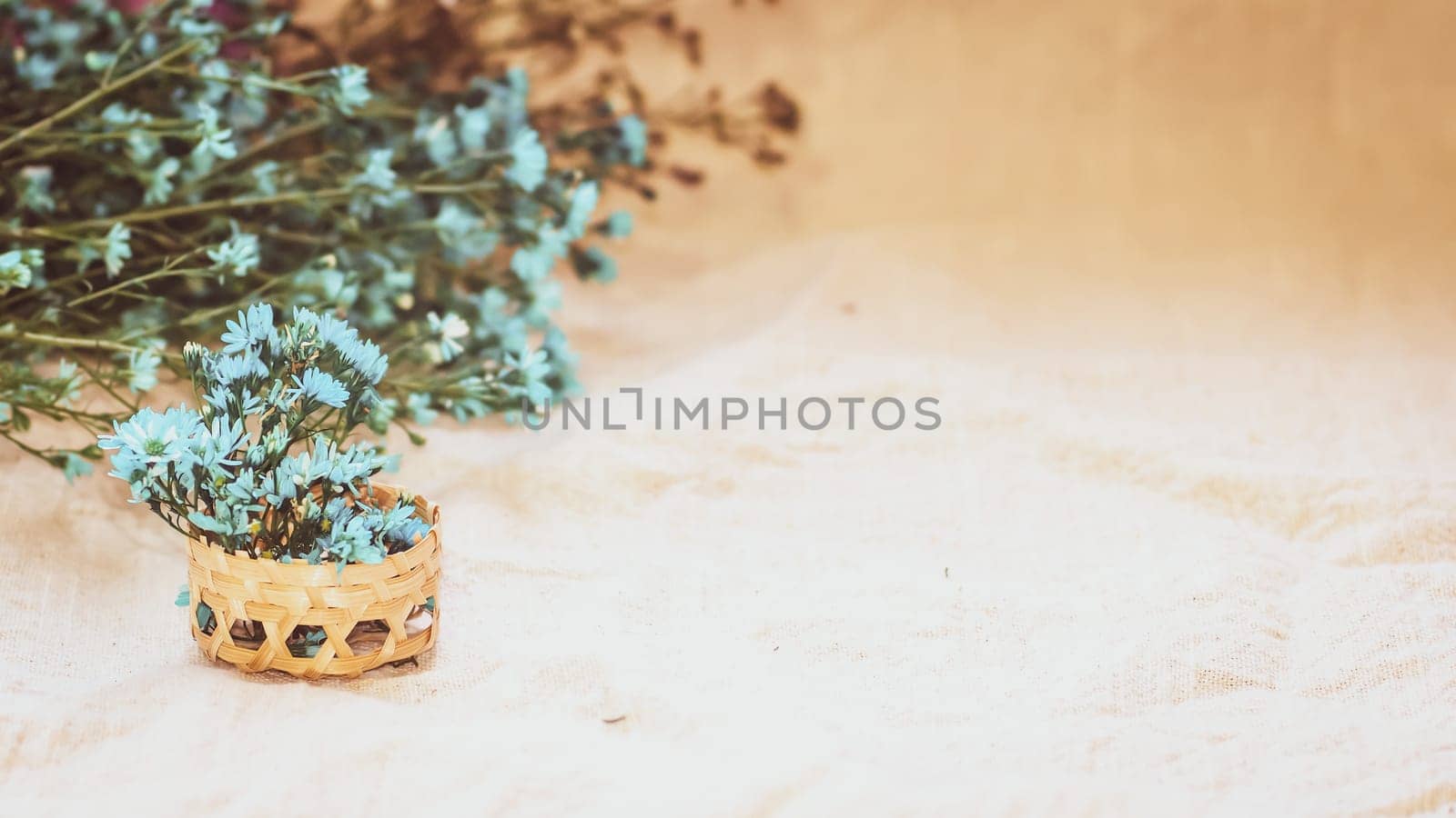 Set of Empty wicker basket on the table with a background in natural linen, Template mock up for display of product