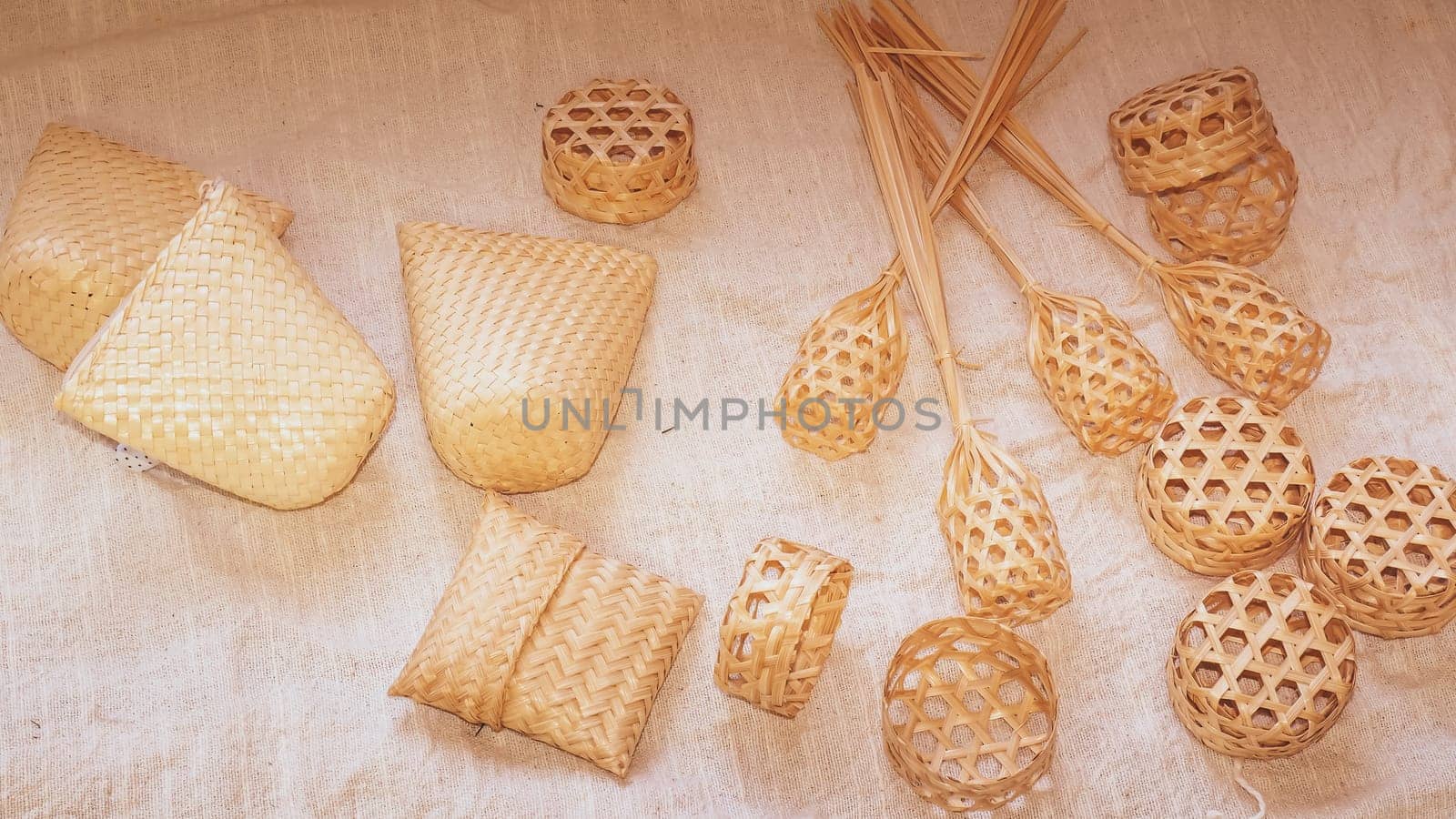 Set of Empty wicker basket on the table with a background in natural linen, Template mock up for display of product