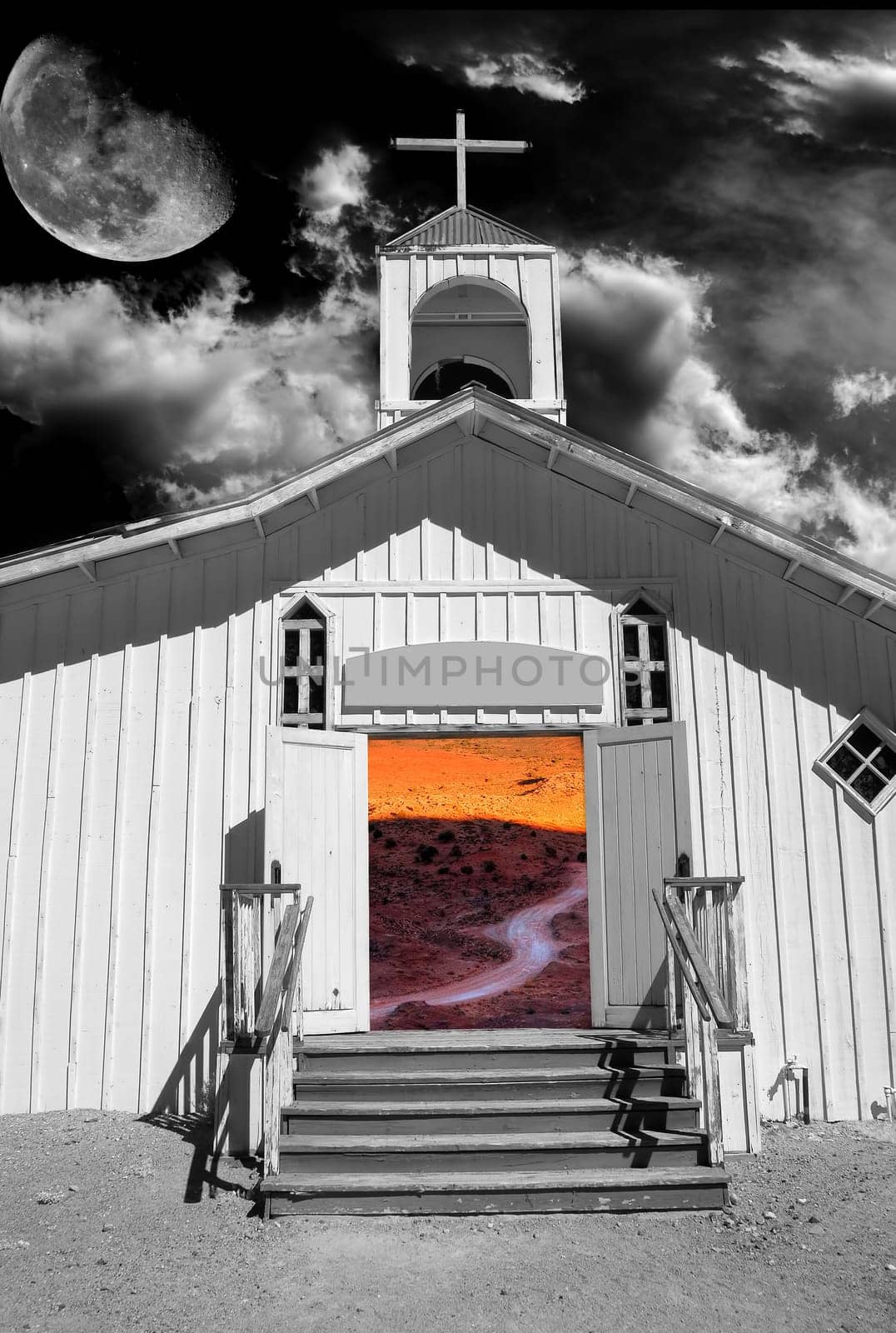 Surreal wooden church with night moon