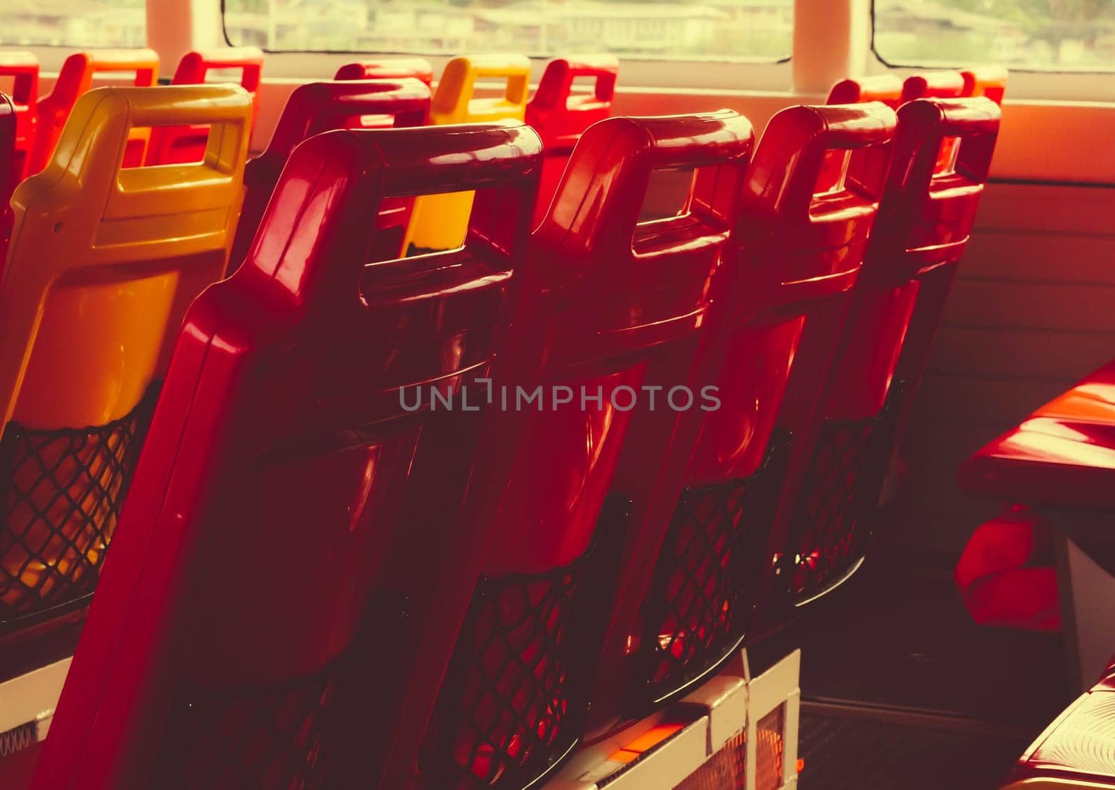 Hot colorful of Empty Seats on a Ferry boat for travel along Chao Phraya River.
