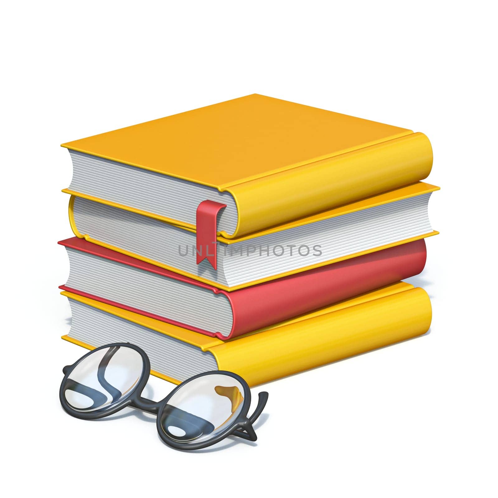 Books with glasses 3D rendering illustration isolated on white background