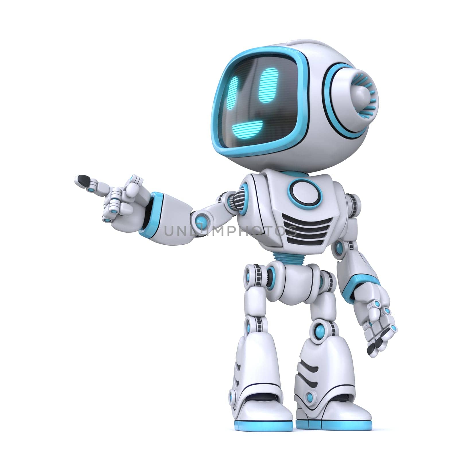 Cute blue robot finger pointing 3D rendering illustration isolated on white background